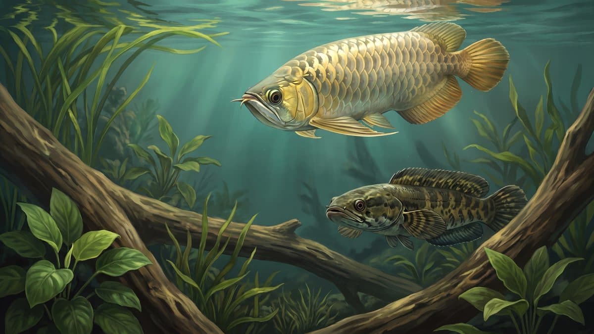 A Silver Arowana and a Channa barca Snakehead displayed side by side in large aquarium settings