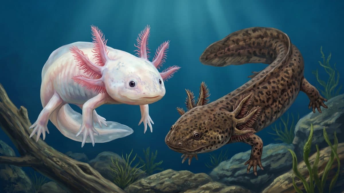 A leucistic Axolotl and a brown Mudpuppy (Necturus maculosus) displayed side by side