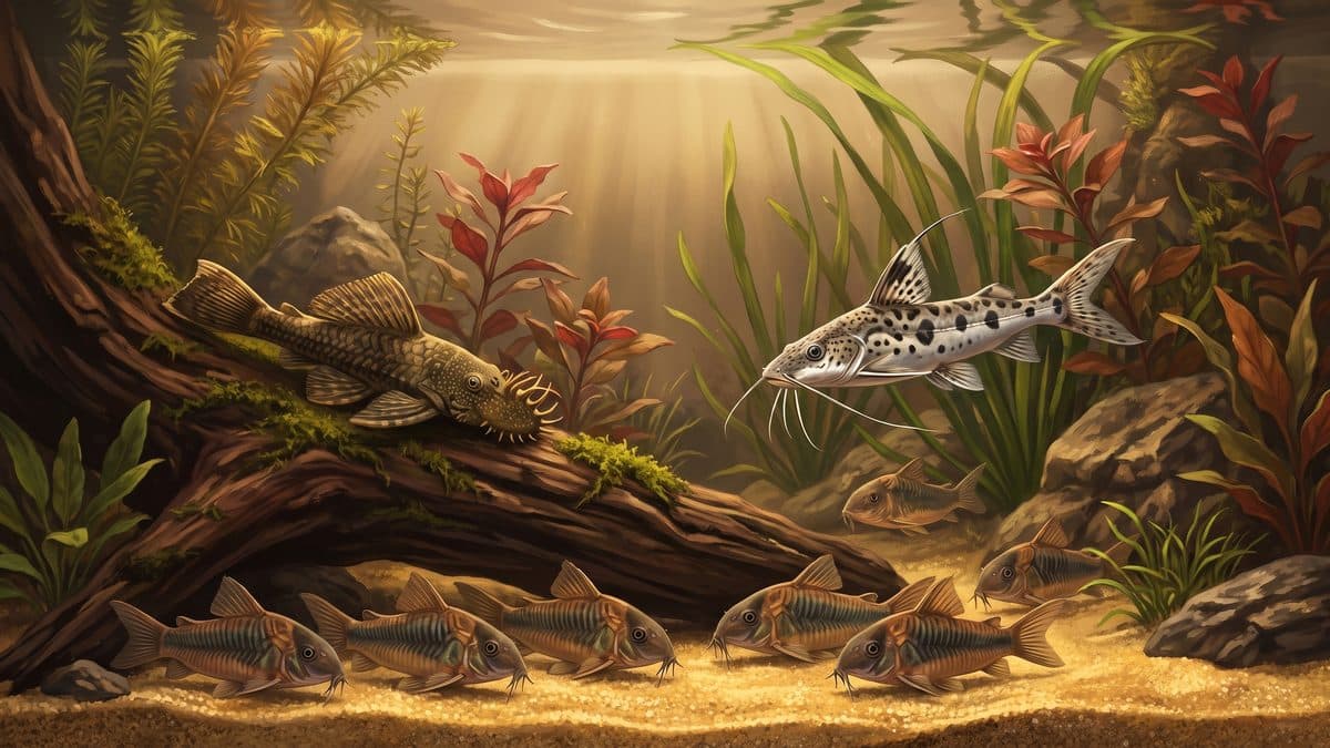 A group of bronze Corydoras catfish foraging on a sandy substrate in a planted aquarium