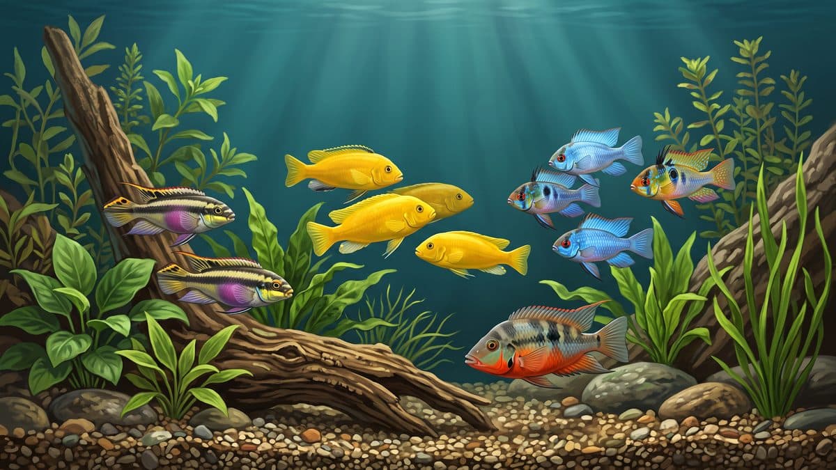 A vibrant Electric Yellow Lab cichlid swimming in a decorated freshwater aquarium