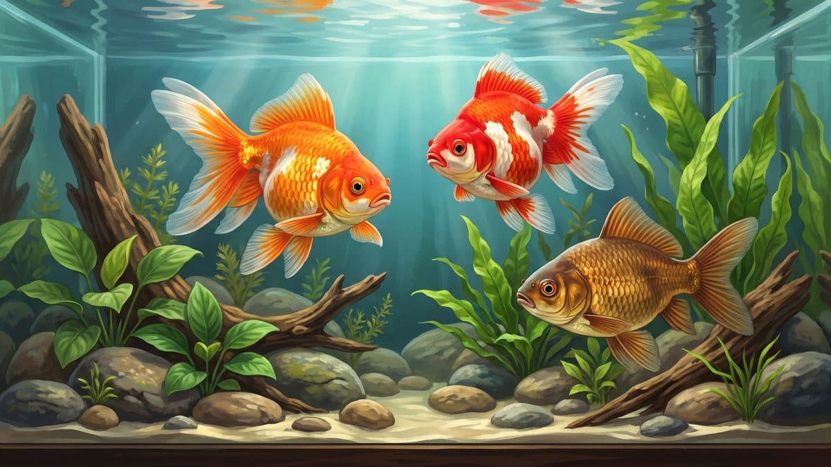 A bright orange Fantail Goldfish swimming in a spacious planted cold-water aquarium