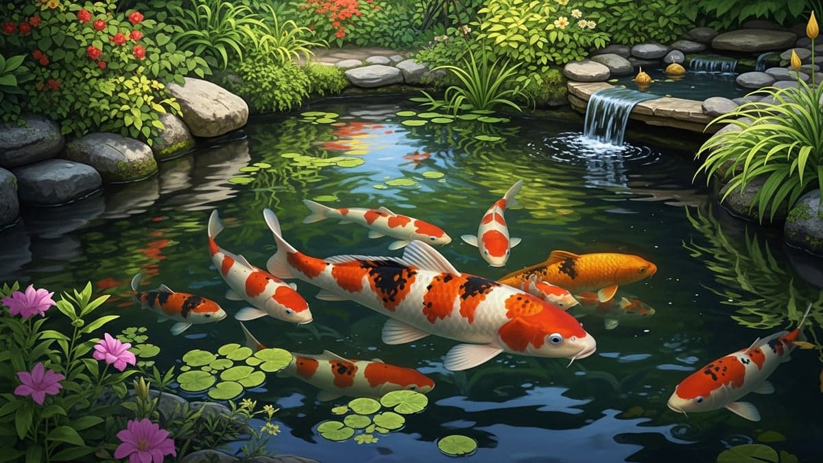 A group of colourful Kohaku and Showa Koi swimming in a clear garden pond