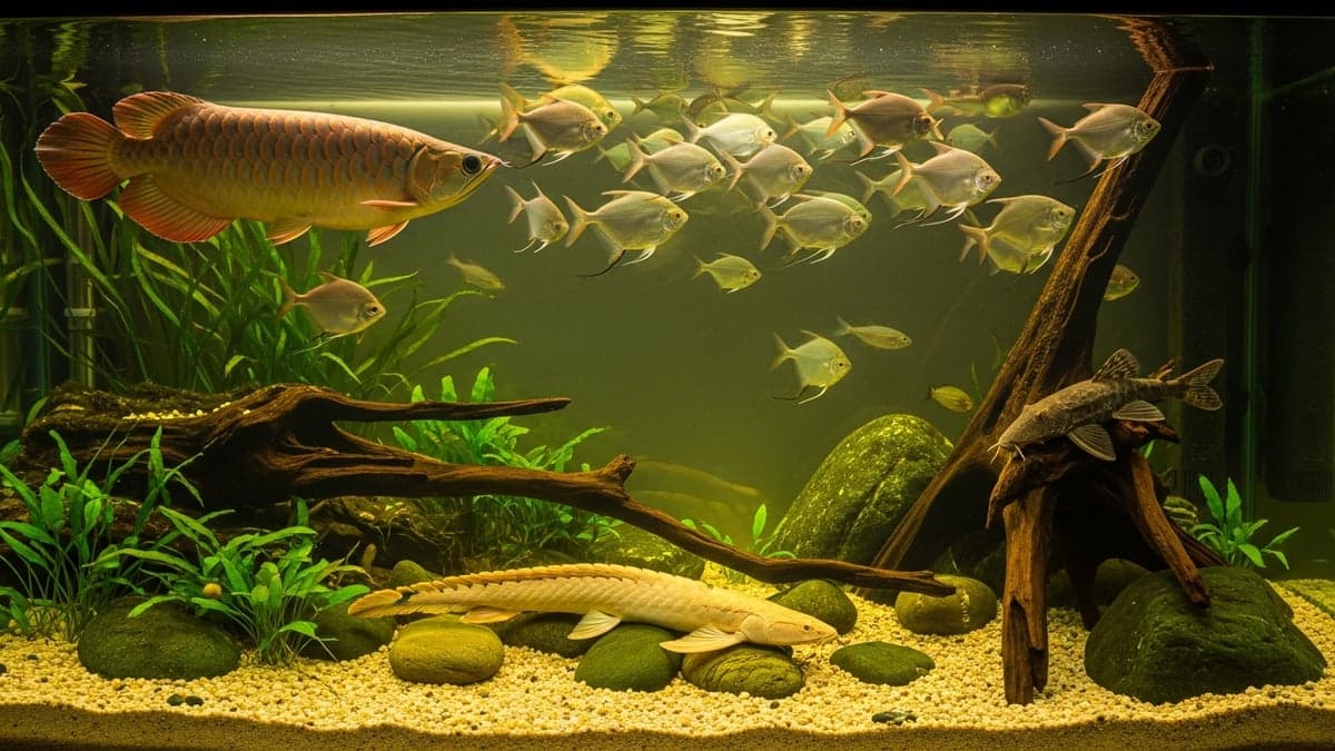 A diverse community aquarium featuring compatible exotic fish species including Discus, Cardinal Tetras, and Corydoras catfish