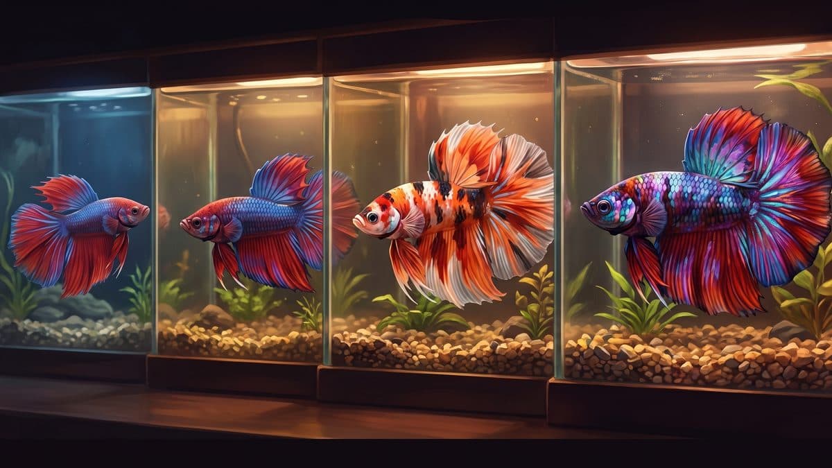 Stunning multicolour Halfmoon Betta fish displaying full fin spread in a planted nano tank
