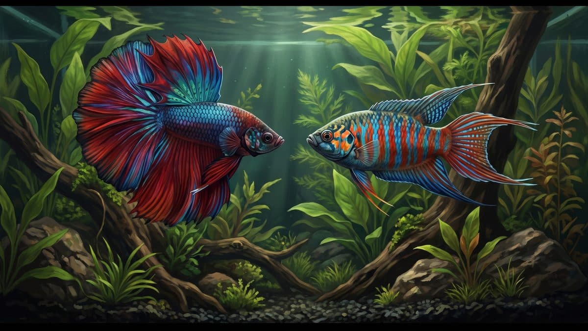 A Halfmoon Betta and a blue-and-red Paradise Fish (Macropodus opercularis) displayed side by side
