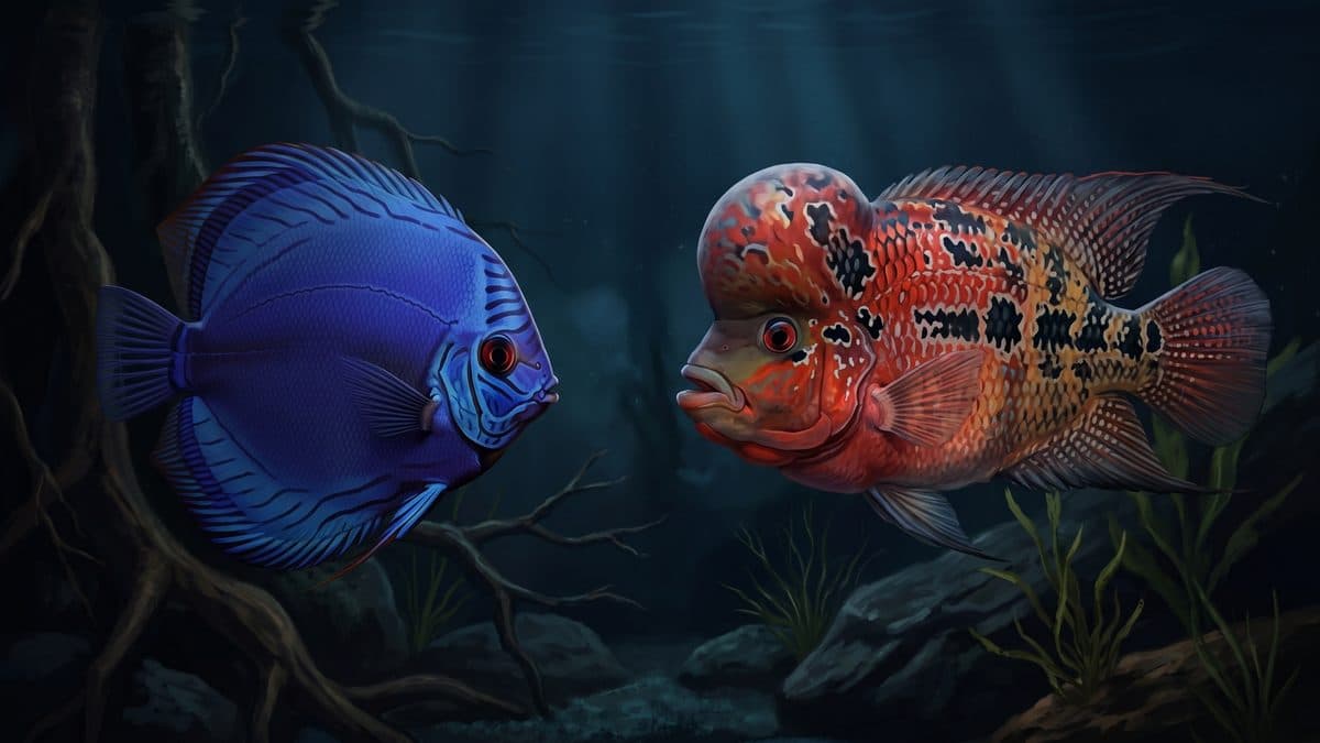 A Pigeon Blood Discus and a Super Red Dragon Flowerhorn displayed side by side in aquarium settings