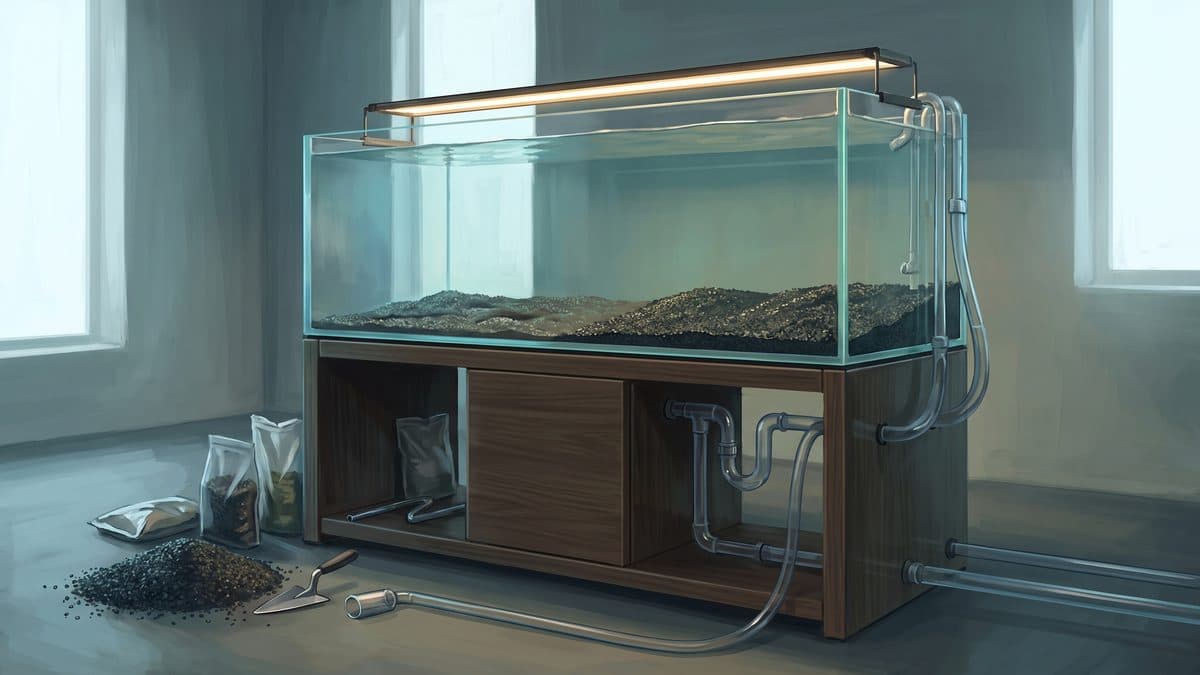A large custom aquarium with crystal-clear water, live plants, and professional LED lighting — ready for exotic fish