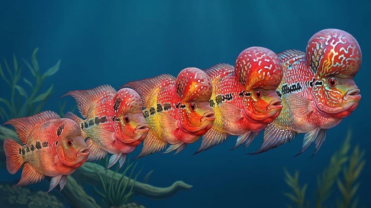 Vibrant red Flowerhorn cichlid with a prominent nuchal hump in a display aquarium