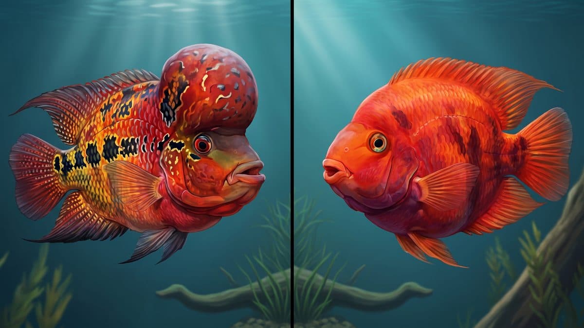 A Super Red Dragon Flowerhorn and an orange Blood Parrot Cichlid displayed side by side