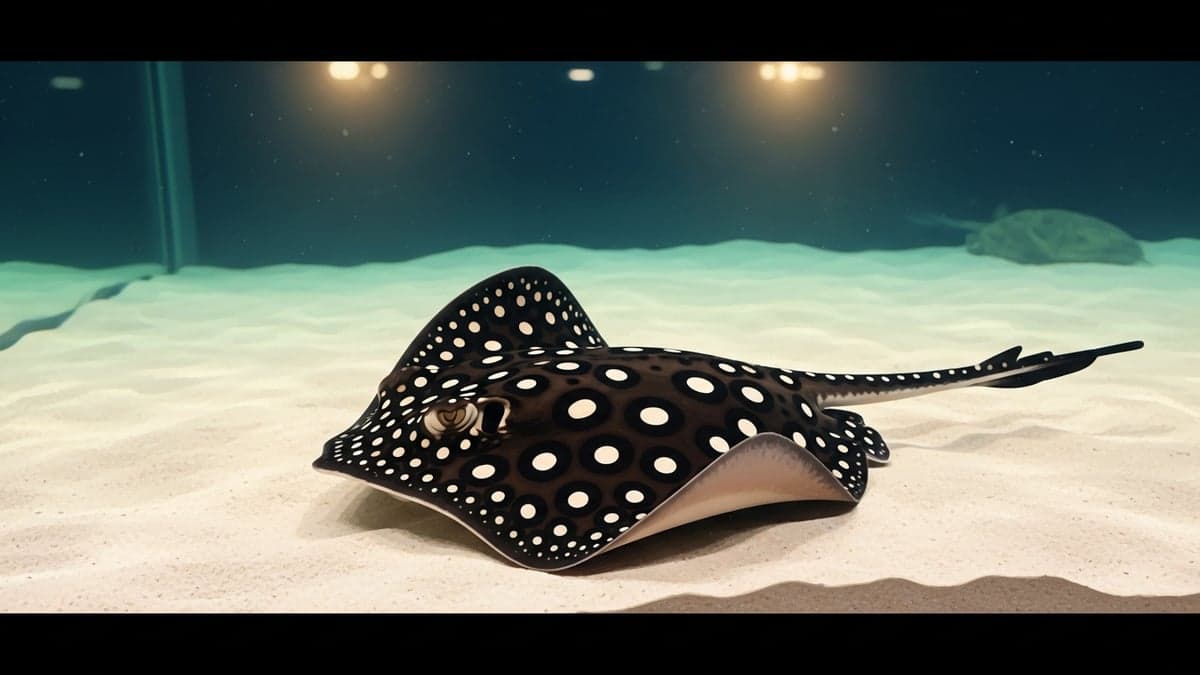 A Black Diamond Polka Dot Stingray resting on sand substrate in a large freshwater aquarium