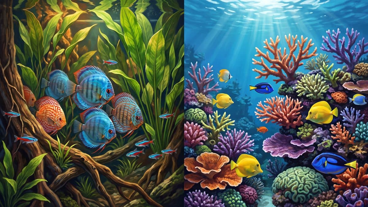 Split image showing a lush freshwater planted aquarium on the left and a vibrant saltwater coral reef tank on the right