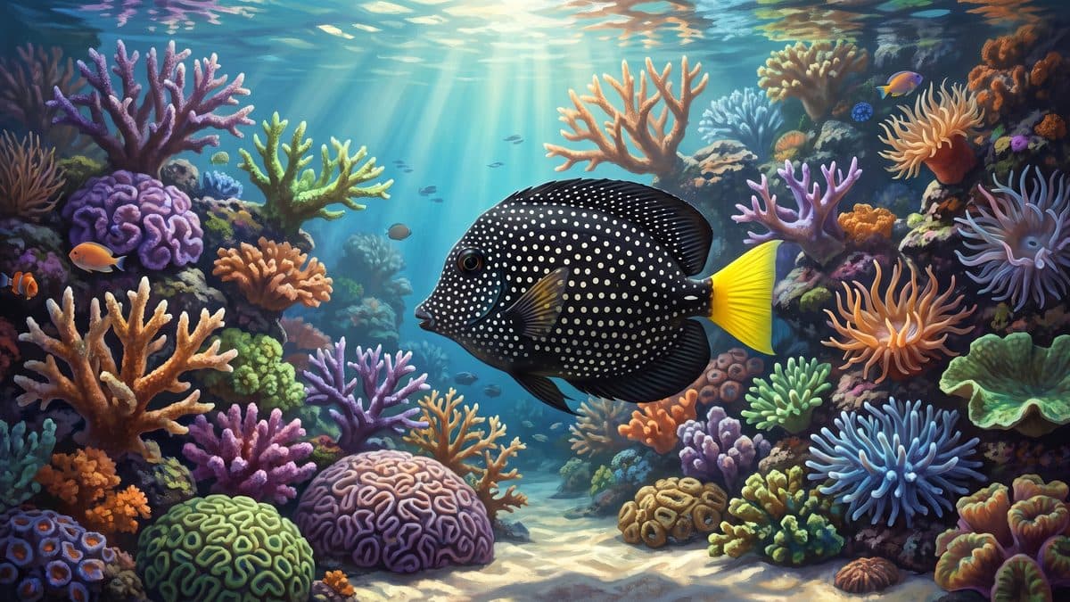 A Gem Tang (Zebrasoma gemmatum) displaying its jet-black body with bright white polka dots in a reef aquarium