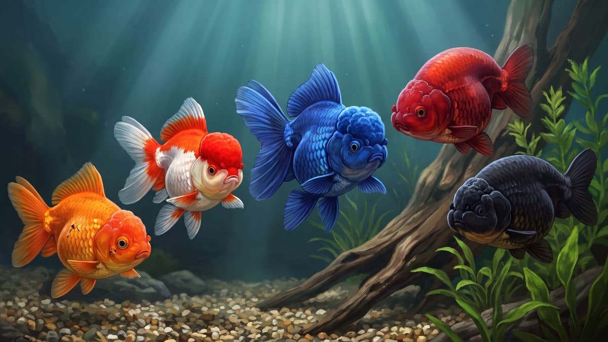 Prize-winning Ranchu goldfish with prominent head growth displayed in a judging bowl