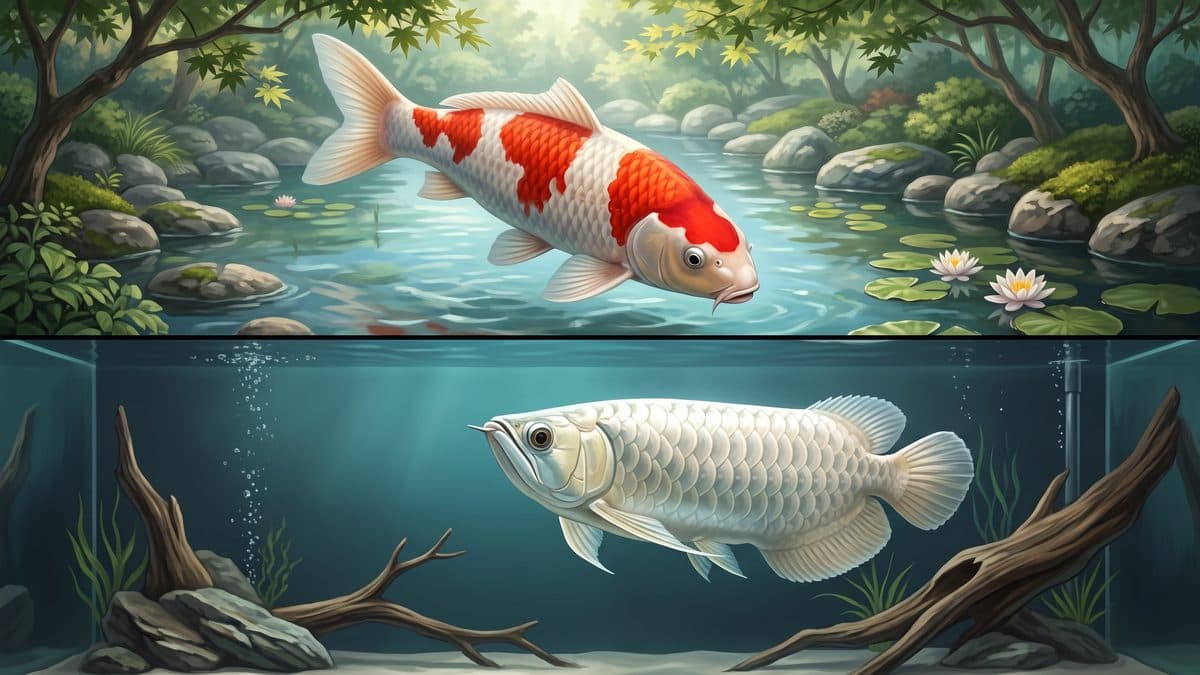 A Grand Champion Kohaku Koi and a Super Red Asian Arowana displayed side by side