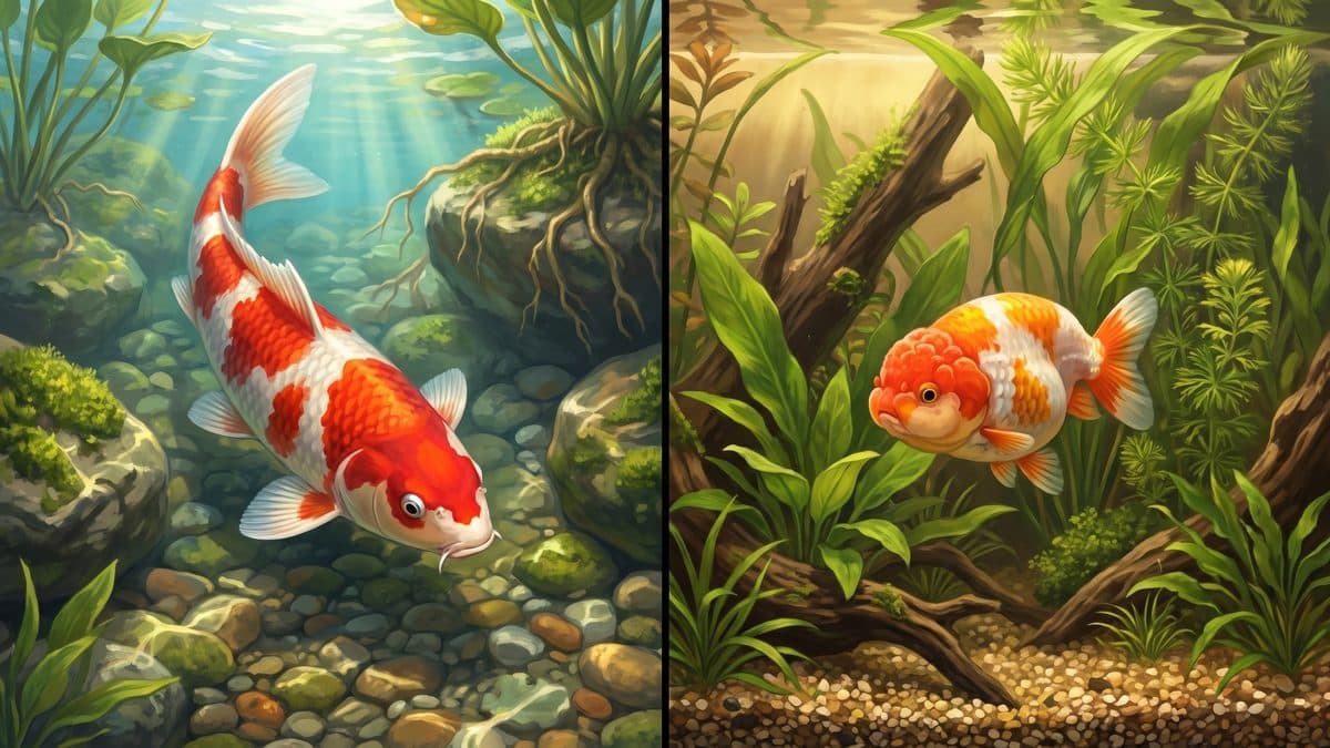 A vibrant Kohaku Koi and a Ryukin Goldfish displayed side by side in a garden pond setting