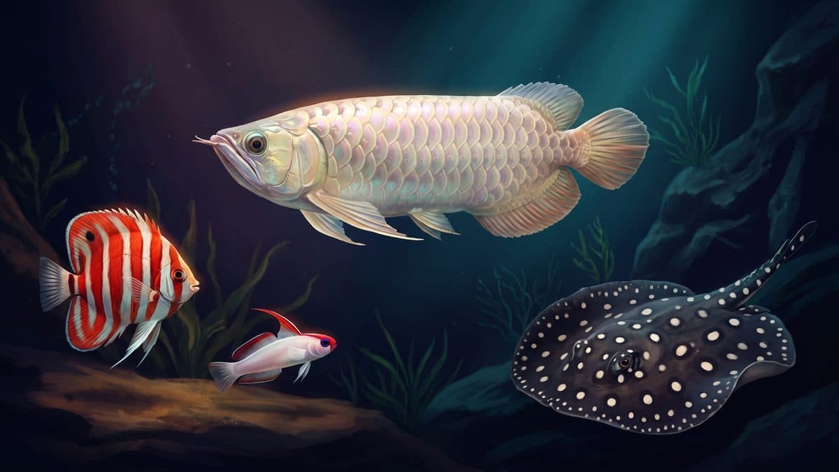 Platinum Arowana swimming in a pristine aquarium — one of the most expensive fish in the world