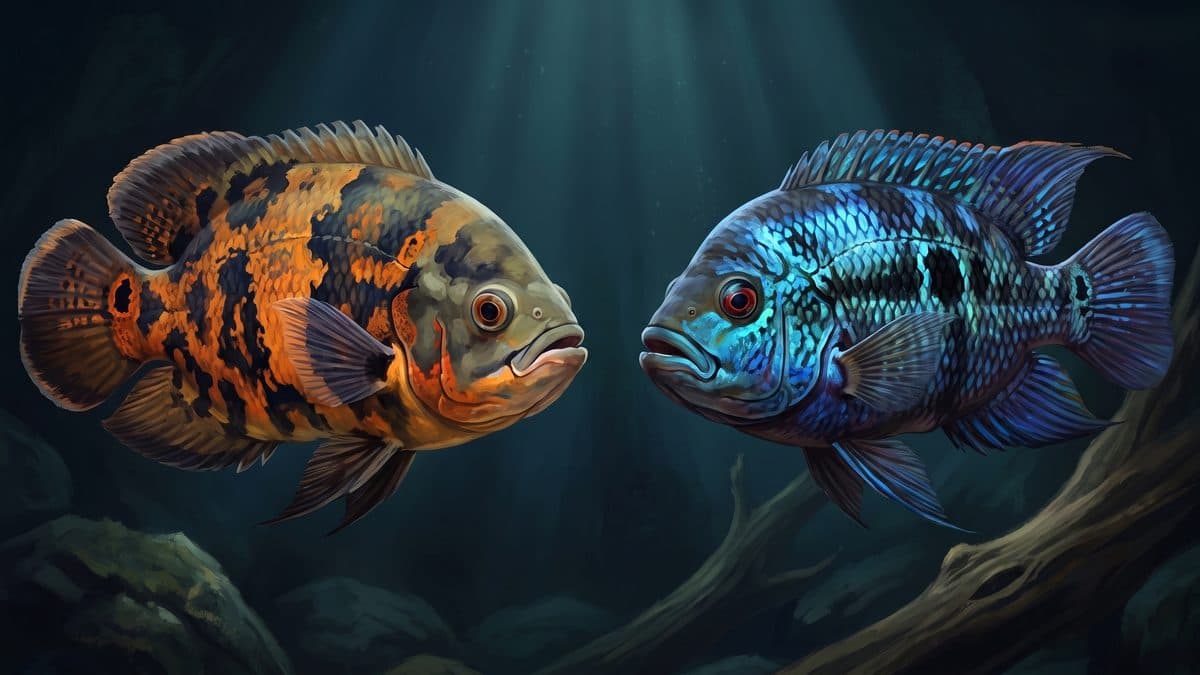 A Tiger Oscar and an Electric Blue Jack Dempsey displayed side by side in a cichlid aquarium
