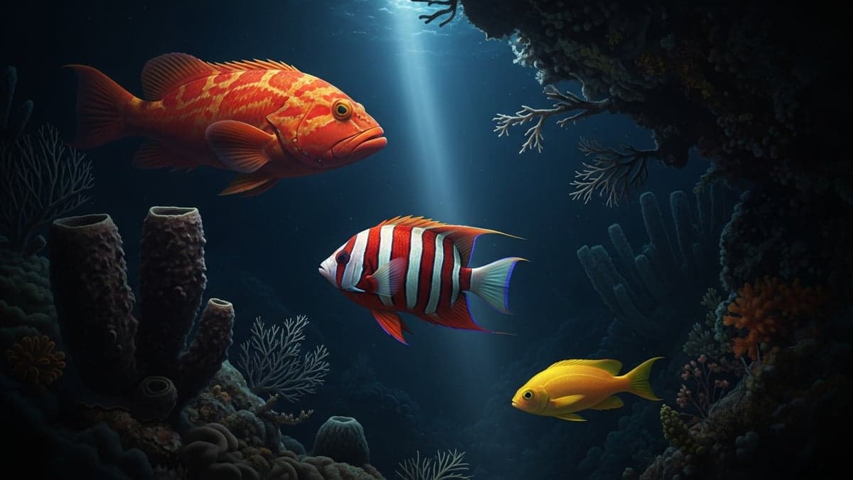 A rare Peppermint Angelfish displayed in a dimly lit deep-reef aquarium setup
