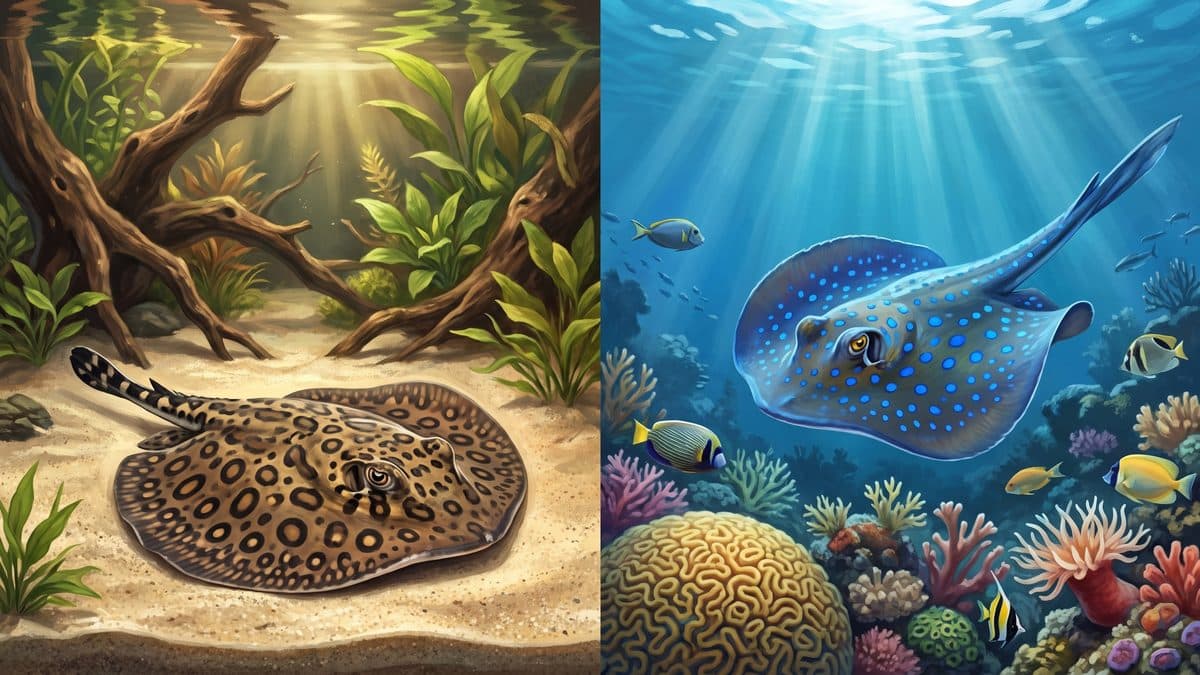 A Potamotrygon motoro freshwater stingray and a Blue-spotted saltwater stingray displayed side by side
