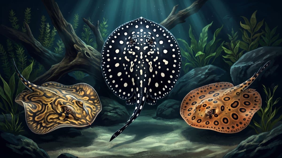 Black Diamond freshwater stingray with white polka dots resting on aquarium sand