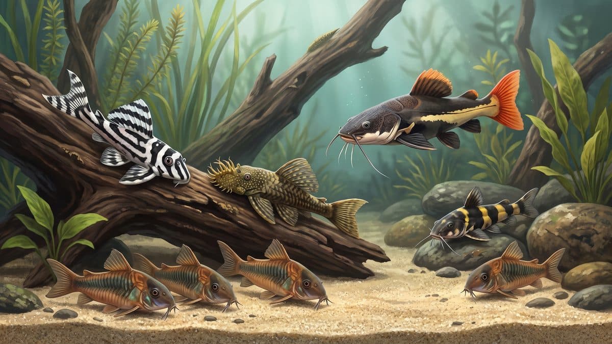 A collection of popular aquarium catfish species including a Bristlenose Pleco, Corydoras, and Pictus Catfish in a planted tank