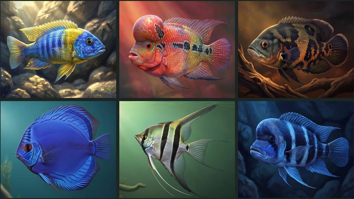 A vibrant display of cichlid species including an Electric Blue Ahli, Oscar, and Peacock Cichlid in a decorated aquarium
