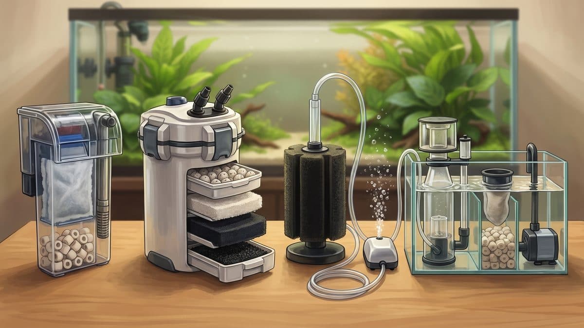 A selection of aquarium filters including a canister filter, hang-on-back filter, and sponge filter arranged beside a planted tank