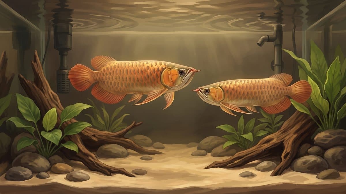 A male Asian Arowana mouthbrooding eggs visible through a slightly distended jaw in a large breeding facility