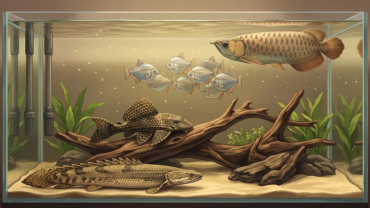 A Silver Arowana swimming in a large aquarium alongside Bichirs, a Pleco, and a school of Silver Dollars