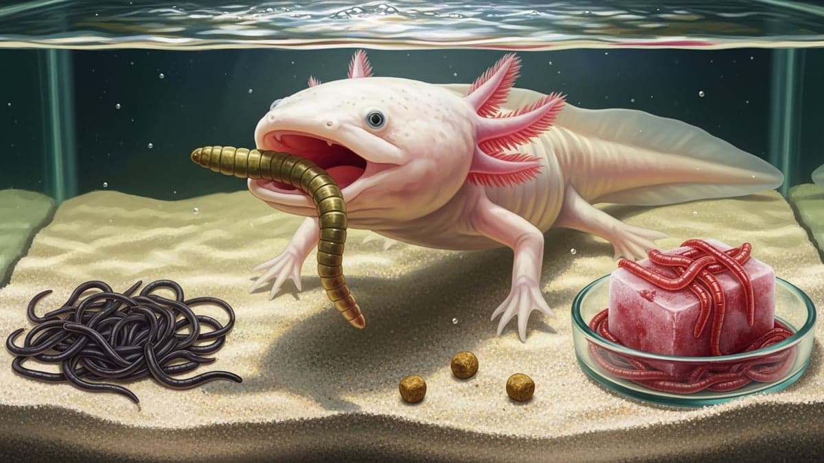An axolotl being hand-fed an earthworm with stainless-steel feeding tongs in a planted cold-water tank