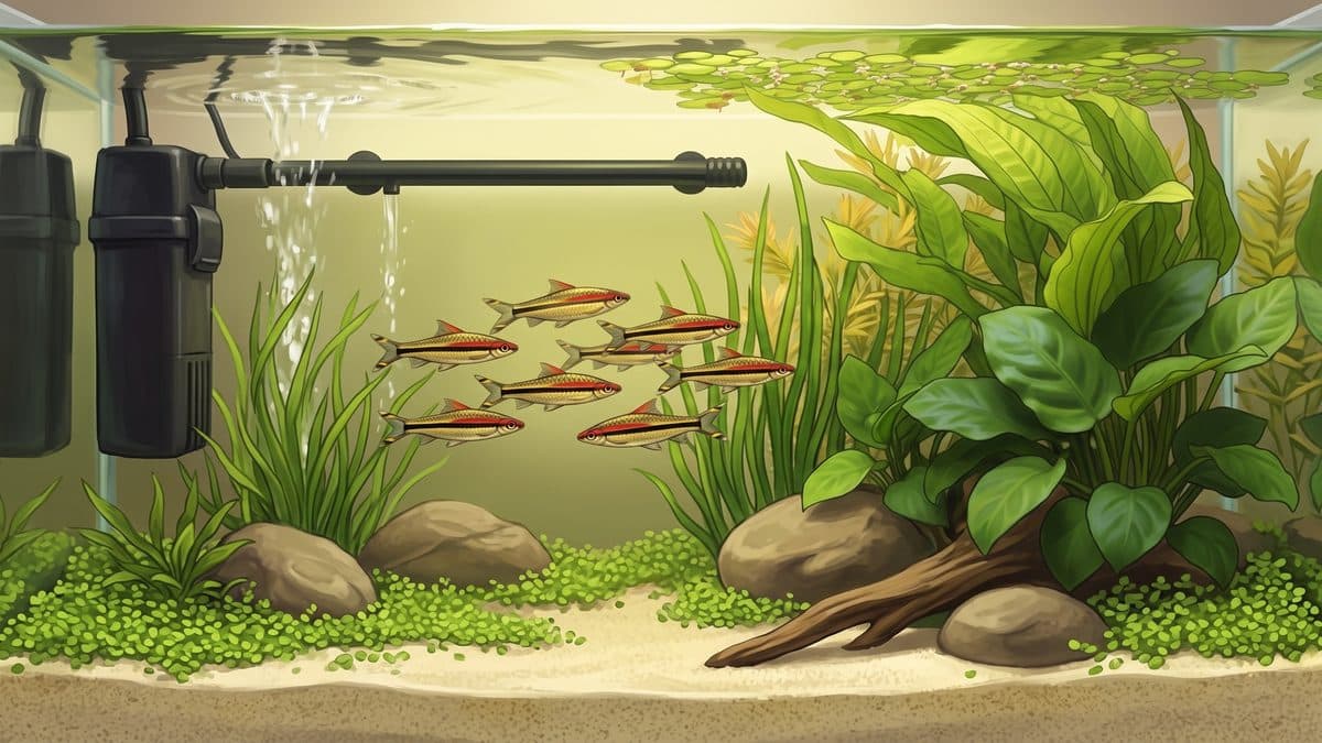 School of Denison barbs displaying their vivid red lateral stripe in a planted aquarium