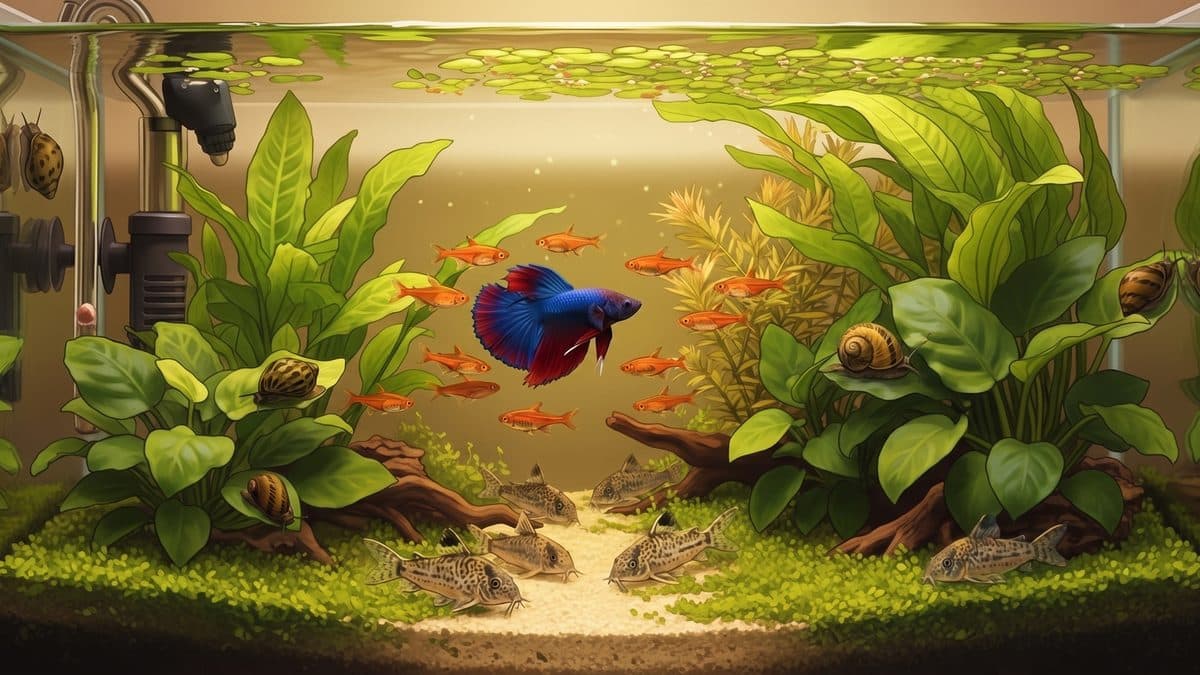 A male Halfmoon Betta swimming peacefully in a planted 20-gallon tank alongside Nerite snails and Ember Tetras