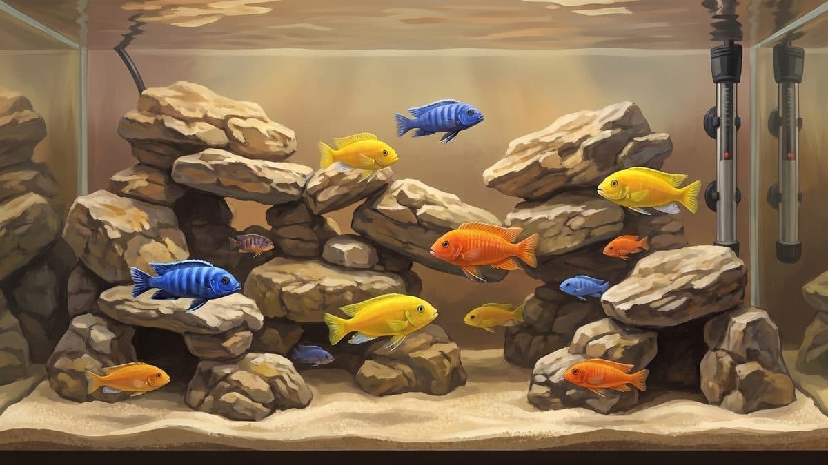 A colourful African cichlid community tank with Mbuna, Peacocks, and Synodontis catfish swimming among rockwork