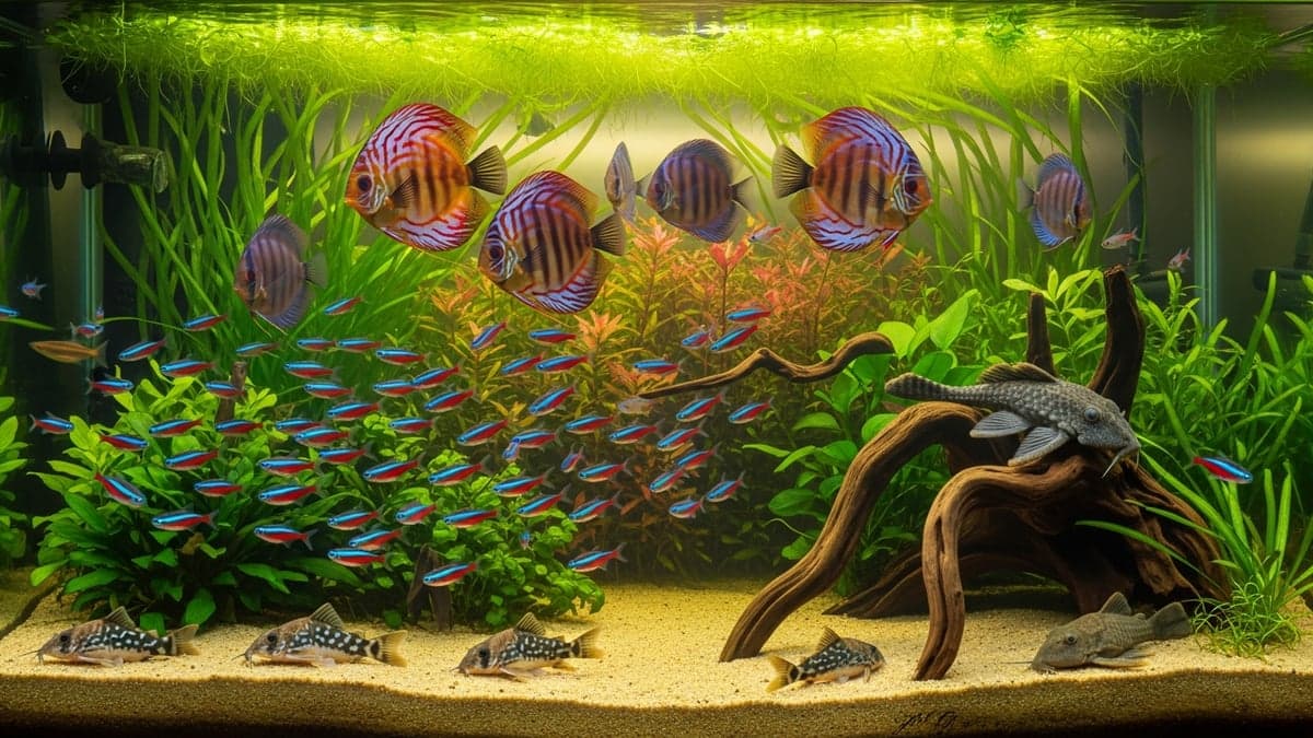 A planted Discus aquarium with Cardinal Tetras, Rummy-nose Tetras, and Corydoras sterbai swimming alongside Discus
