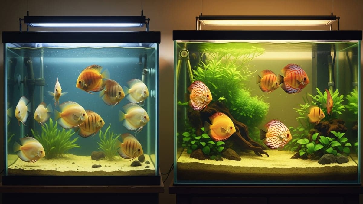 A group of six Discus fish swimming in a spacious 75-gallon planted aquarium with driftwood