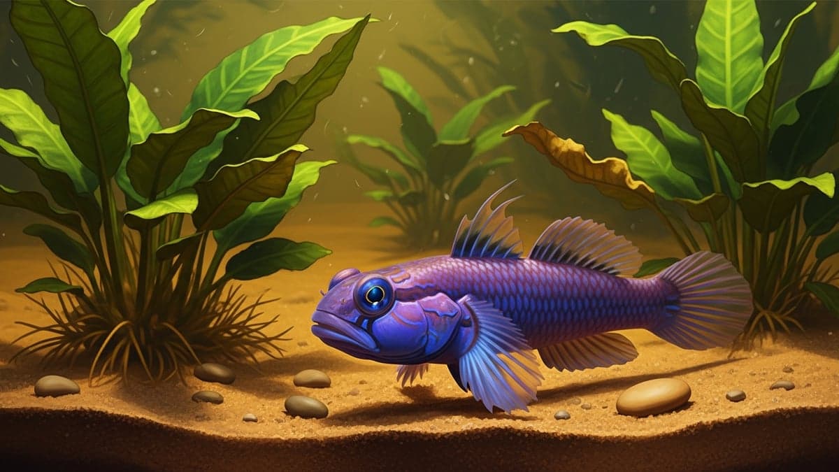 A Dragon Goby (Gobioides broussonnetii) with iridescent purple-blue scales partially buried in sandy substrate