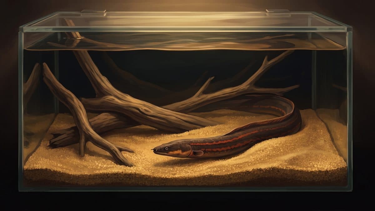 Fire eel partially buried in fine sand substrate with its distinctive orange markings visible