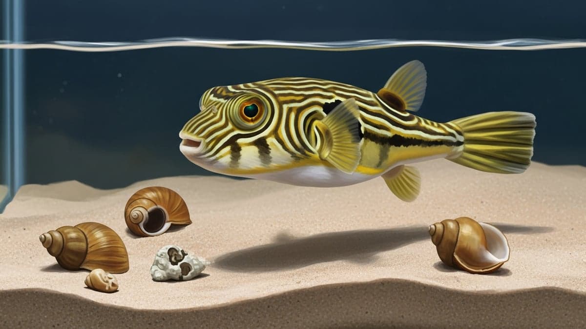 A Fahaka Pufferfish displaying vivid striped patterning while investigating driftwood in its aquarium
