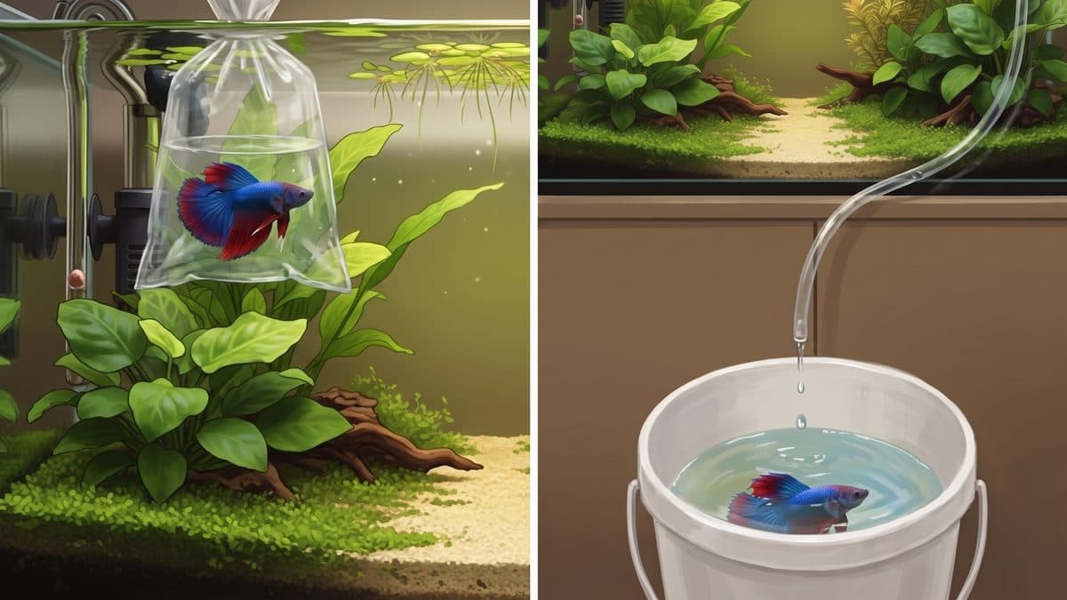 A drip acclimation setup with airline tubing running from an aquarium into a bucket containing a new fish arrival