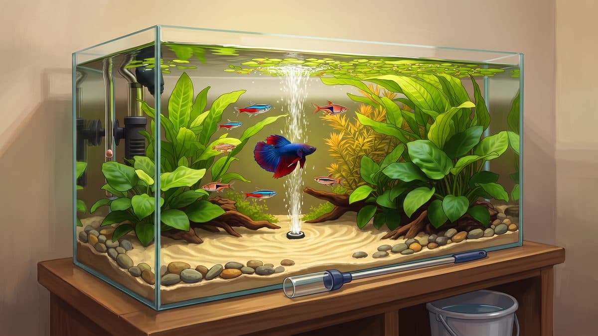 A thriving planted community aquarium with healthy, vibrant fish demonstrating the result of proactive disease prevention