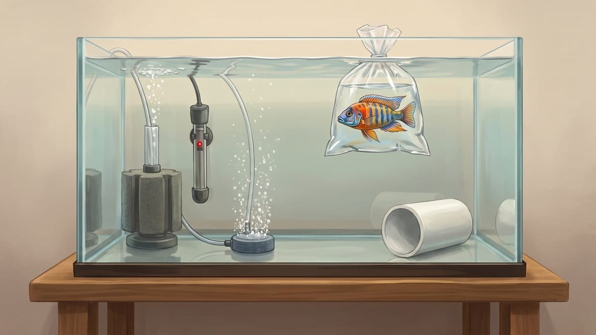 A clean bare-bottom quarantine tank with a sponge filter, adjustable heater, and a single PVC hide for a new fish arrival