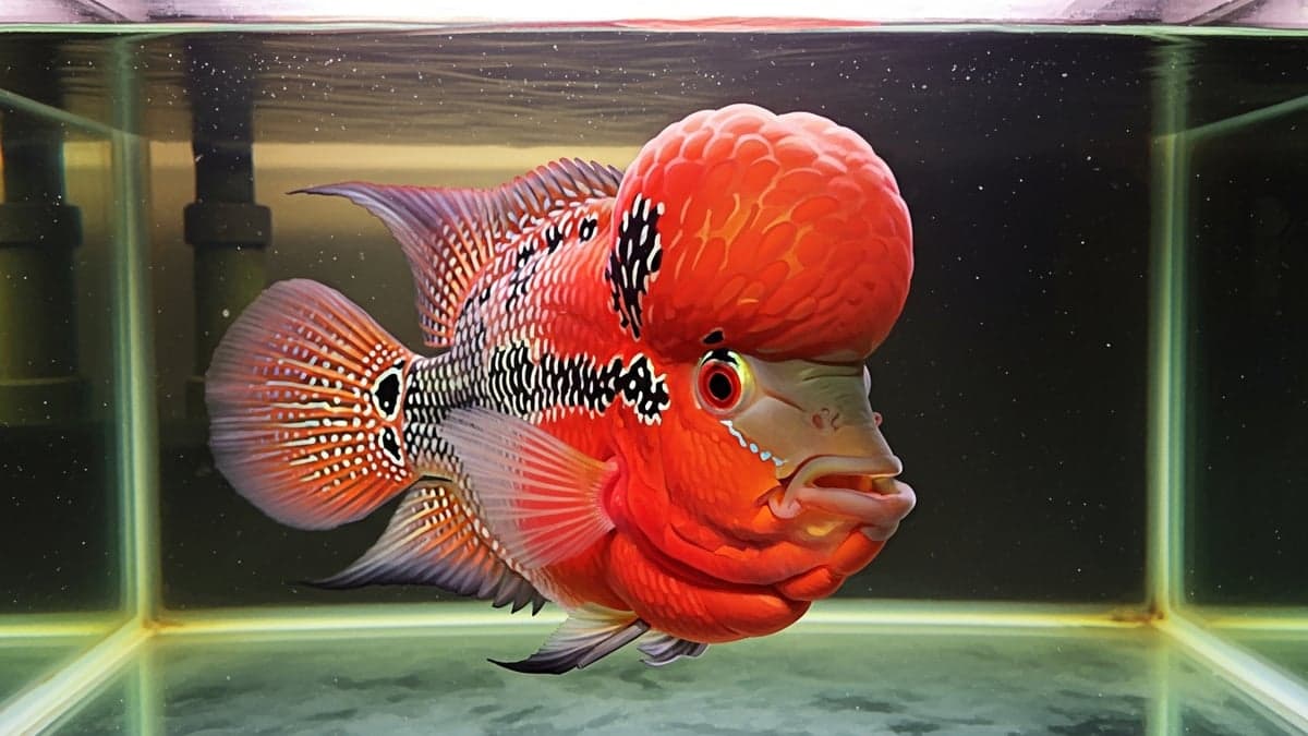 A vibrant Flowerhorn Cichlid with a large kok hump and intense red colouration swimming in a clean aquarium