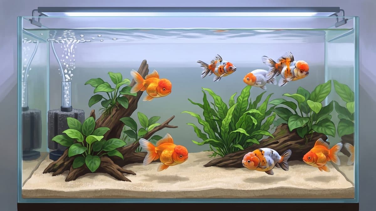Ranchu goldfish with prominent wen swimming in a well-filtered aquarium with smooth gravel