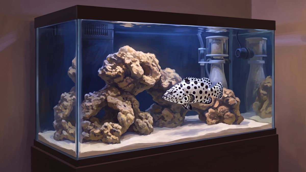 Panther grouper displaying its distinctive white body with black polka dots in a marine aquarium