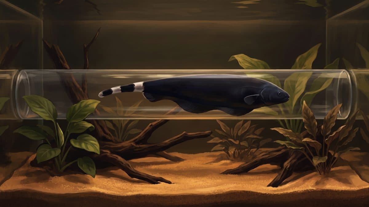 Black ghost knife fish gliding through a dimly lit planted aquarium