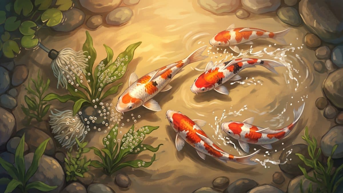 A group of Koi in a spawning pond with spawning brushes visible and eggs attached to plant material