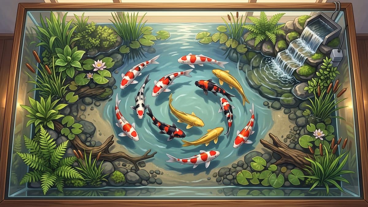 Kohaku koi swimming in a crystal-clear pond with aquatic plants