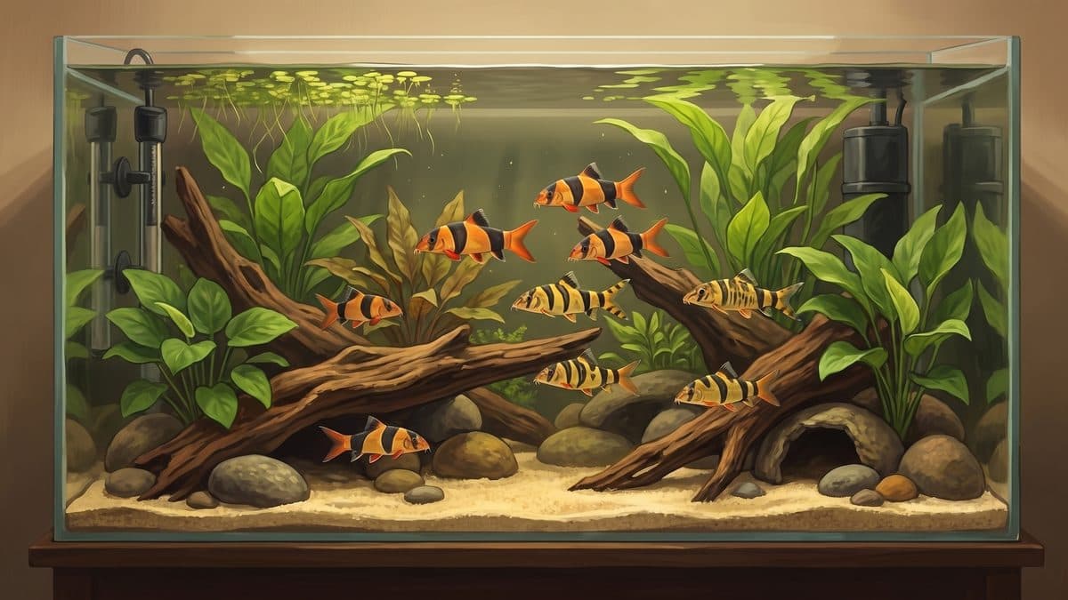 Group of clown loaches displaying their bright orange and black bands on sandy substrate