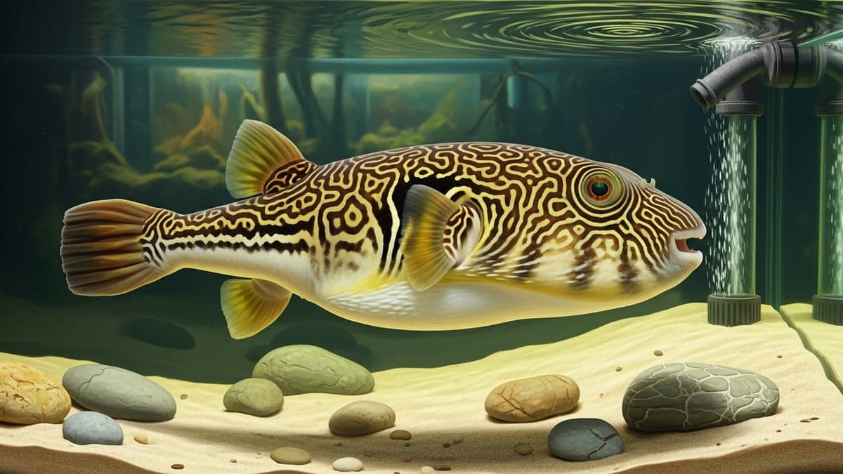 A large MBU Pufferfish (Tetraodon mbu) displaying its intricate maze-like patterning in a spacious aquarium