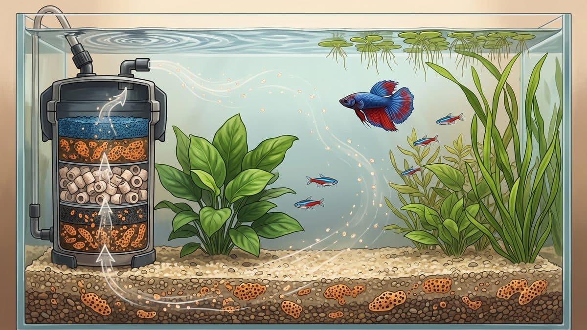Diagram-style aquarium photograph illustrating the nitrogen cycle with beneficial bacteria colonies on filter media and substrate